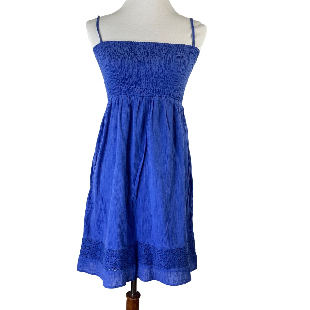 Gap Blue Smocked Mini Dress Coverup Crochet Trim Adjustable Straps Boho Womens S